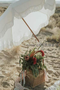 沙滩遮阳伞下藤篮鲜花野餐场景