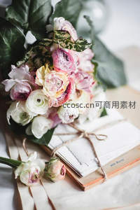 复古书页上绽放的彩色毛茛花束特写