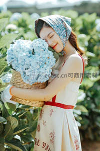少女怀抱蓝绣球花享受田园时光