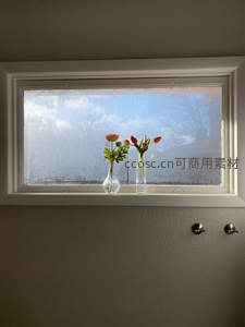 窗台上的两瓶小花，映衬着窗外云天