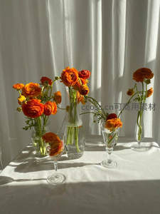 多瓶橙花错落摆台，光影交织的艺术构图