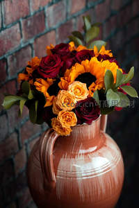 陶罐盛放向日葵与玫瑰，暖意盎然