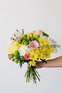 手捧缤纷花束，黄粉白绿交织如彩虹
