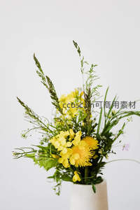 野趣黄花与青草插于白瓷瓶，简约自然
