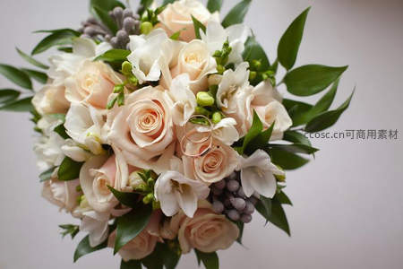 浪漫婚礼捧花与婚戒特写