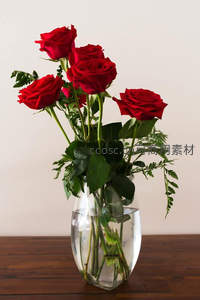 透明花瓶中绽放的五朵红玫瑰