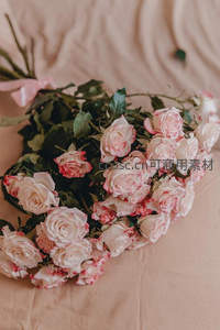 粉白玫瑰花束静卧柔色布面