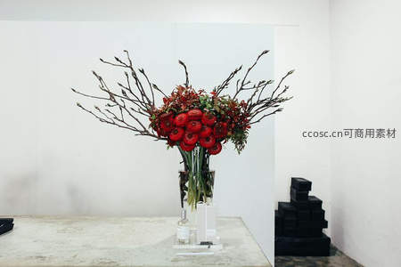 红花枝条艺术插花静物特写
