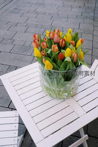 户外白桌上彩色郁金香花束