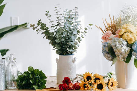 阳光下的多款花艺作品陈列