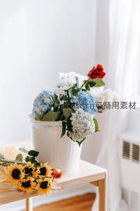 蓝白绣球配单支红玫瑰，静谧窗边花景