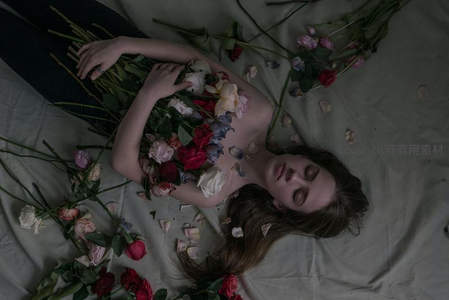 女子躺卧于满地玫瑰花瓣中闭目享受花海包围