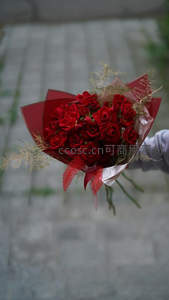 手捧红玫瑰走向石板路