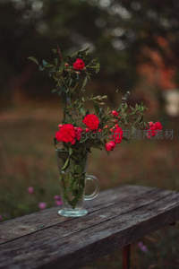 木桌上玻璃杯中的红玫瑰特写