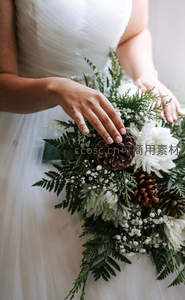 新娘手捧松果绿植主题冬季婚礼花束