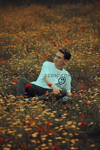 青年静坐花丛，红色罂粟点缀田野