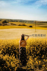 金黄花海中少女回眸，阳光洒满田野