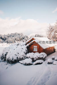 木屋静卧雪原，松林环绕如童话世界