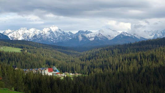 雪山环抱的森林山谷与山间村落