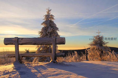雪覆长椅静待晨曦初照