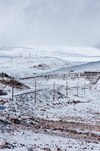 雪原蜿蜒山路，荒凉而辽阔的高原景象
