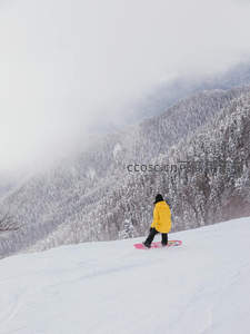 黄衣雪板驰雪坡，云雾山林隐仙境