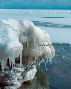 湖畔巨石覆雪悬垂冰凌