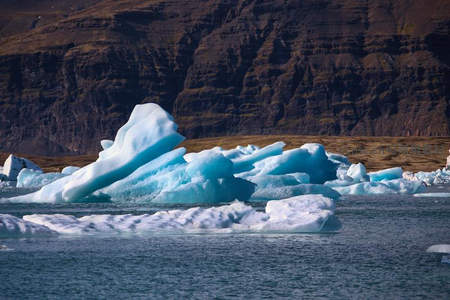 冰川湖中漂浮的蓝色冰山