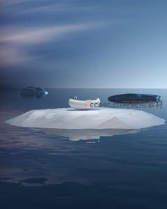 孤舟浮冰夜空下梦幻场景