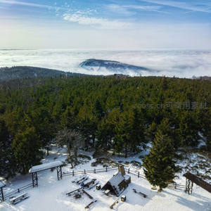 雪后森林山顶俯瞰云海壮丽景观