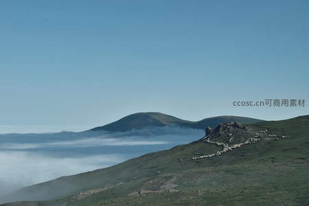 草原山丘上羊群漫步，云雾缭绕如仙境