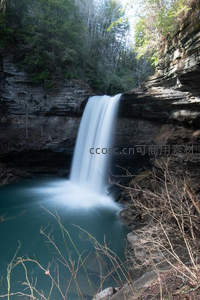森林深处瀑布倾泻，碧潭静谧映苍翠