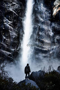 孤影伫立巨瀑前，仰望自然之伟力