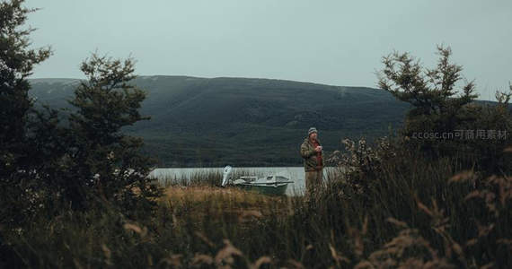 湖畔渔夫守候，舟泊芦苇丛中