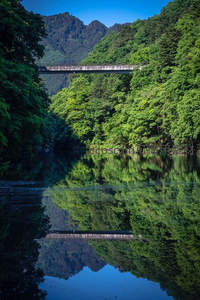 绿谷溪流，桥影倒映如画卷