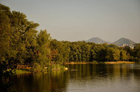 夕阳染金湖畔林，远山城市隐约现