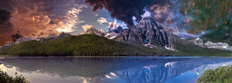 奇幻山湖倒影，星云与雪峰共舞