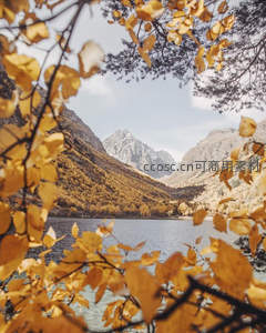 秋叶框景雪山湖，层林尽染如画