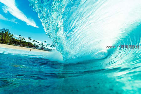 碧海浪花卷起，沙滩椰林映蓝天