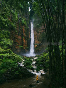 峡谷飞瀑倾泻而下，雨林深处探秘者