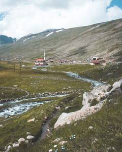 高山草甸溪流蜿蜒村落静卧