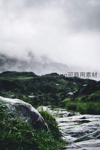云雾缭绕山间溪流旁青草湿漉