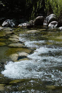 林间溪水清澈见底，石上浪花飞溅