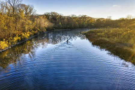 秋日河上泛舟，金色树林倒映澄澈水面波光粼粼