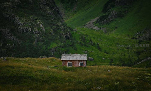 山谷中的孤寂小屋，绿意盎然