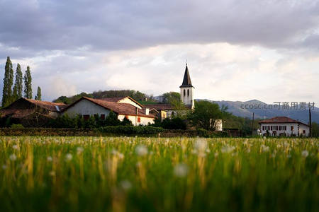 绿野花田前静谧村庄教堂尖顶映衬山峦