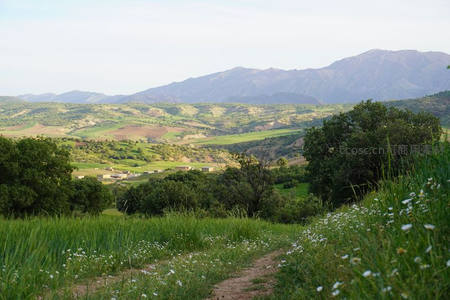 远眺层叠山谷，绿野与村落相映成趣