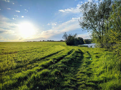 晨曦洒落青翠原野与河畔