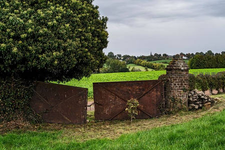 锈蚀铁门与绿野田园的宁静对望