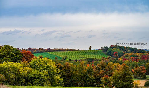秋日层林尽染的山谷田园风光